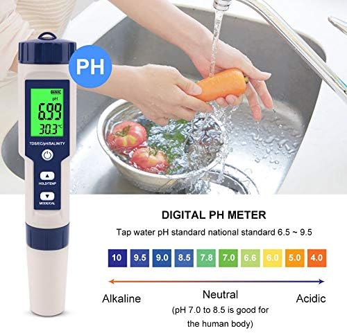 FDIT רב-פונקציונלי 5-in-1 עמיד למים pH/מליחות/TEM/TDS/EC בודק איכות מים דיגיטלי לאקווריום, בריכות שחייה