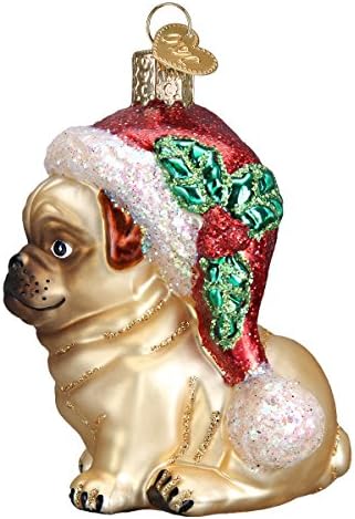 קישוטי חג המולד של העולם הישן: HOLLY HAT PUG זכוכית זכוכית קישוטים לעץ חג המולד
