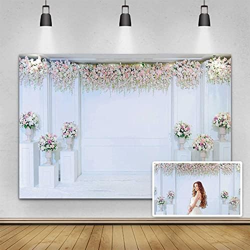 ילה 15x10ft תפאורת חתונה ורוד פרח לבן קיר לבן צילום רקע רקע של חג האהבה לחתונה מפלגת כלות קישוט