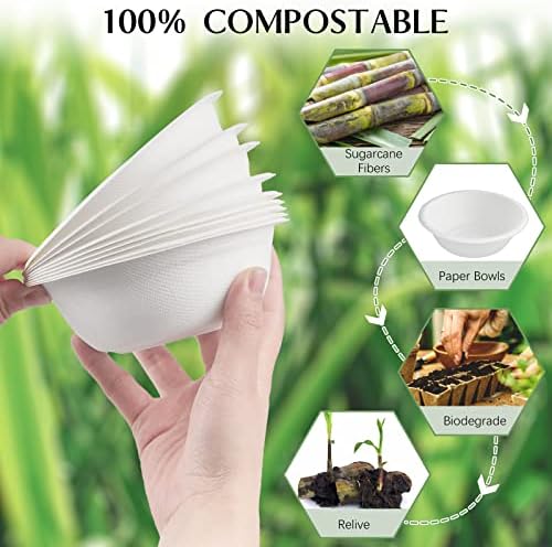 Zorrita 150 חבילה 12 גרם קערות נייר חד פעמיות קערות מרק קומפוסטיות לבנות קערות קנה סוכר טבעי קערות