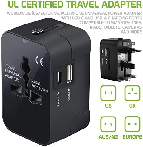 Travel USB פלוס מתאם כוח בינלאומי תואם ל- Blu Studio Selfie LTE עבור כוח עולמי לשלושה מכשירים USB Typec, USB-A