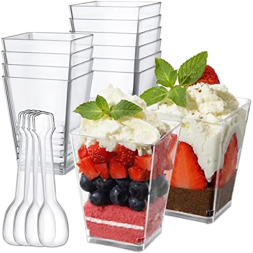 Poever 5oz כוסות קינוח פלסטיק עם כפות 50 חבילות, כוסות קינוח מיני ברורות מרובעות כוסות מנה ראשונה כוסות כוסות