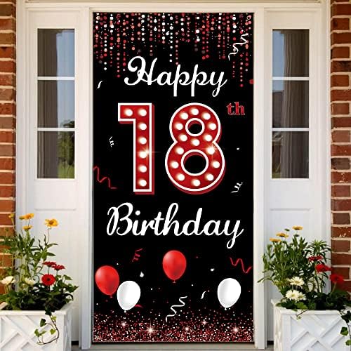 תפאורה של דלת יום הולדת 18, קישוטי יום הולדת 18 מאושרים לבנות שחור אדום, אבזרי צילום יום הולדת בן 18, שמונה