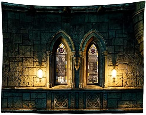 בלקו בד 10 על 8 רגל טירה גותית רקע צילום טירת אבן עתיקה חלונות מקושתים עם ויטראז ' אור עמום ליל כל הקדושים רקע