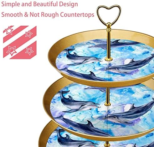 עמדות עוגות בעלות 3 חלקים, סט, צבעי מים חמודים דולפינים מפלסטיק מחזיק עוגות ממתק קינוח קינוח תצוגה לחתונה