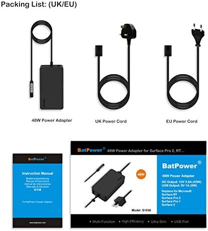 Batpower 12V 3.6a משטח 48W מטען תואם ל- Microsoft Surface Pro 2 1 Surface RT Tablet 1536 אספקת