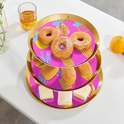 עמדת עוגות סט 3 דוכני קאפקייקס שכבה פלטת מאפה לשימוש חוזר לקישוטים למסיבות תה יום הולדת, צמח טרופי של פרח ורוד