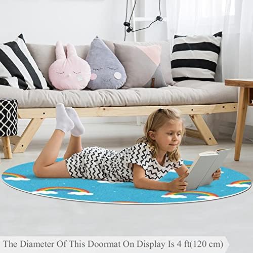 Llnsuply בגודל גדול 4 רגל ילדים עגולים אזור משחק שטיח שטיח כיף ענני קשת צבעוניים רקע כחול משתלת כרית שטיח לא
