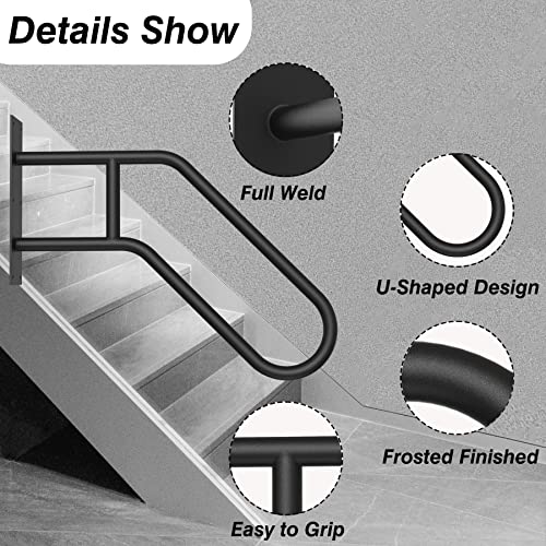 מעקה הר קיר למדרגות חיצוניות, משודרג מעקה מדרגות עטוף במדרגות 1-3 מדרגות עם שחור מט, נהדר לשימוש חיצוני